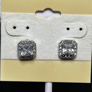 Square Silver Tone CZ Pierced Earrings Signed IBB CN (3778)